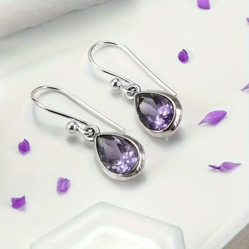 Silver Teardrop Amethyst Purple Zirconia Drop Earrings Crystal Pendant Gemstone